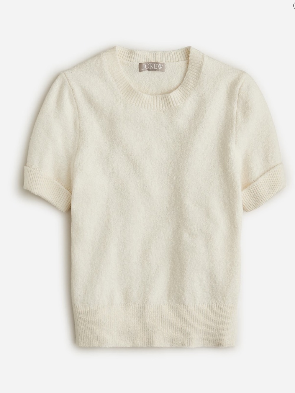 Cuff-sleeve cropped crewneck sweater in textured bouclé